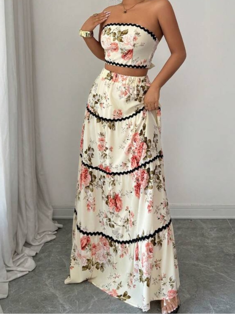 NWOT Strapless Floral Two-Piece Dress in Apricot